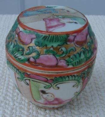C. 1880 ROSE MEDALLION BARREL SHAPE DRESSING JAR