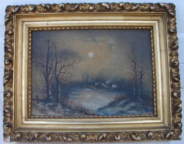 C. 1902 AMERICAN FOLK ART MOON LIT LANDSCAPE PAINTING