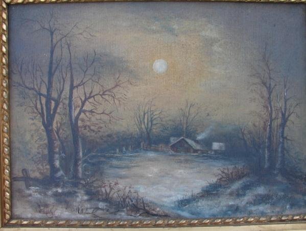 C. 1902 AMERICAN FOLK ART MOON LIT LANDSCAPE PAINTING
