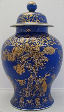 Antique Chinese Porcelain Jar (Antique Chinese Powder Blue Porcelain Jar Decorated with Gilt Hawk in a Pine Tree)