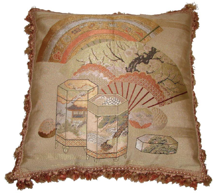 Fukusa Accent Pillow with Decorative Fans and Kioke Boxes