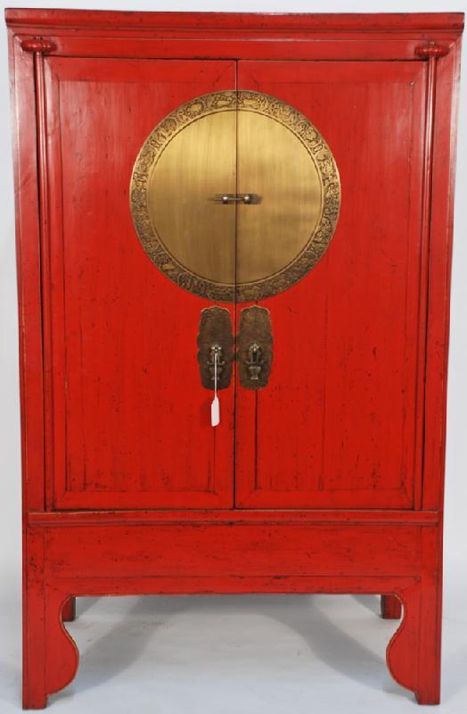 Chinese Antique Wedding Cabinet with Brass Zodiac Medallion