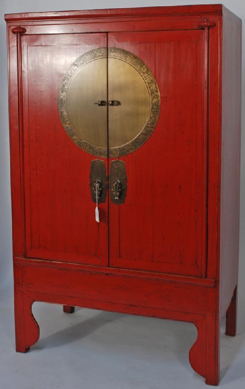 Chinese Antique Wedding Cabinet with Brass Zodiac Medallion