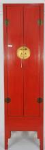 Asian-Inspired Red Lacquered Tall and Slender Cabinet