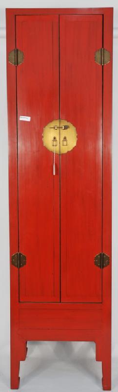 Asian-Inspired Red Lacquered Tall and Slender Cabinet