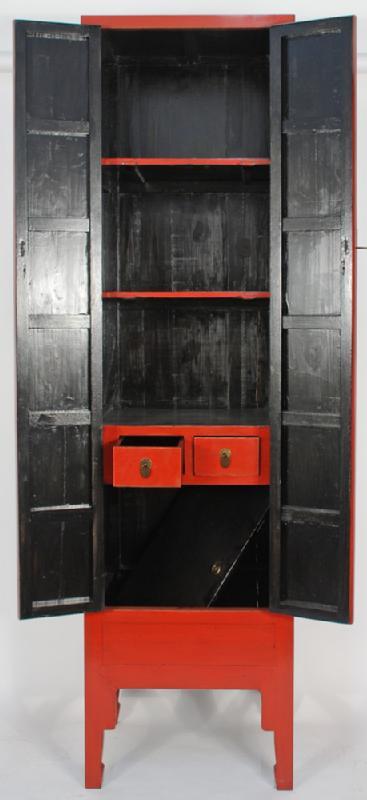 Asian-Inspired Red Lacquered Tall and Slender Cabinet