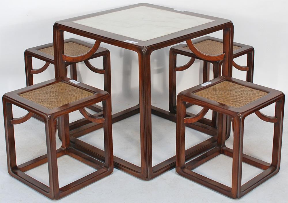 Asian-Inspired Cube Table, with Marble Top and Stools