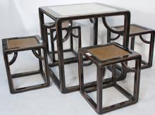 Asian-Inspired Game or Card Table, with Marble Top and Stools