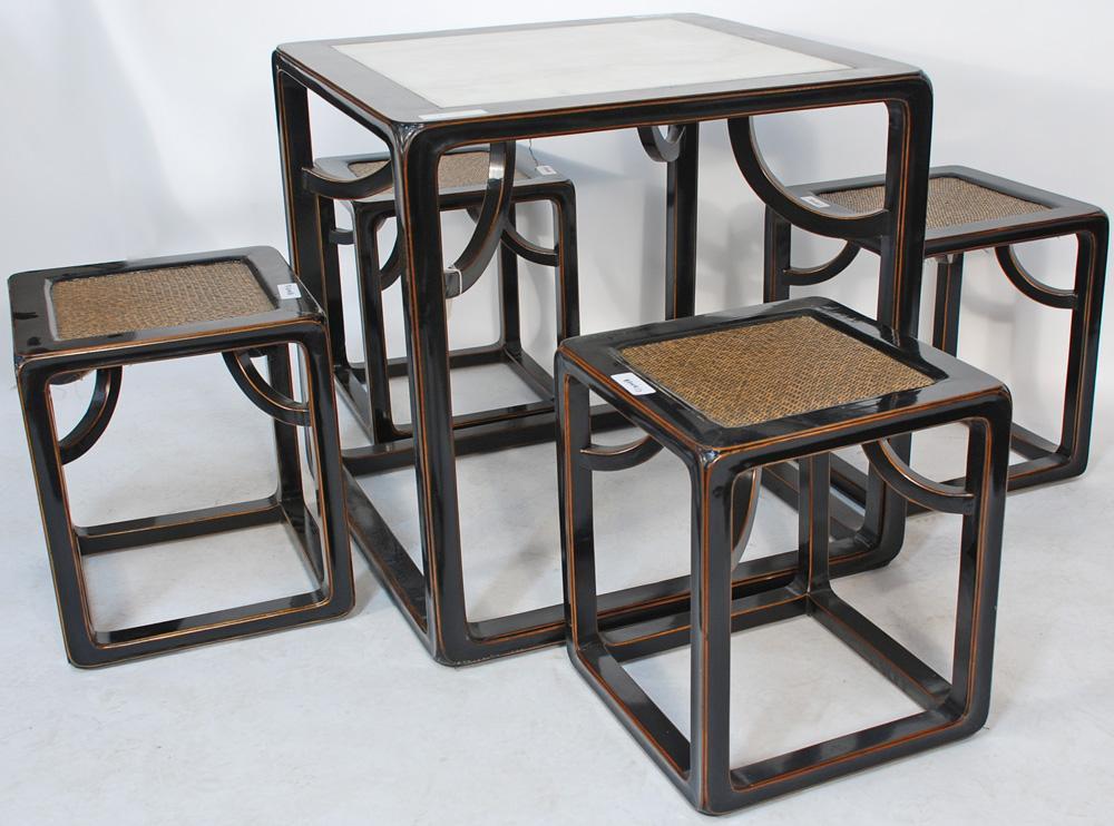 Asian-Inspired Game or Card Table, with Marble Top and Stools