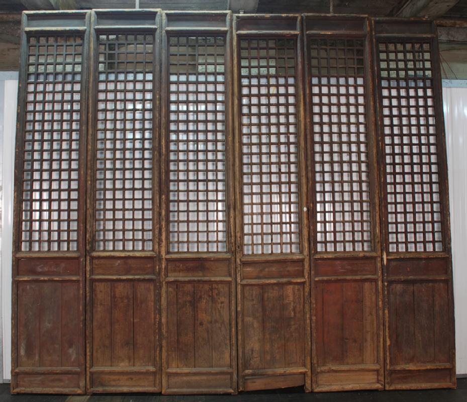 Antique Chinese Set of 6 Wooden Tall Lattice Doors