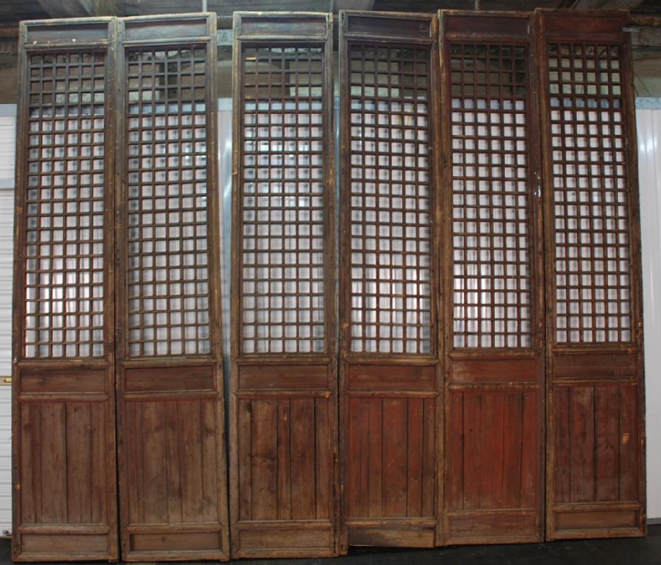 Antique Chinese Set of 6 Wooden Tall Lattice Doors