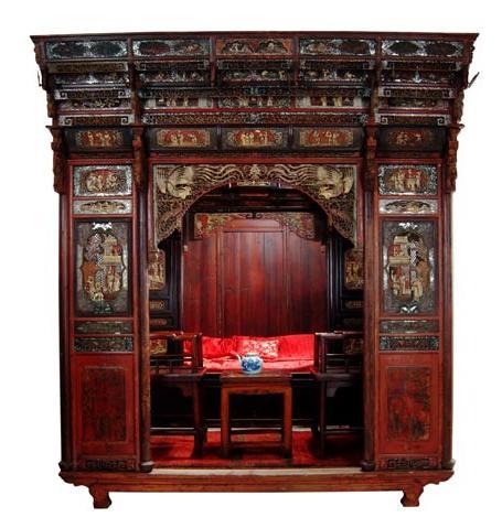Antique Chinese Carved Canopy Bed with Alcove