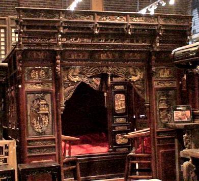Antique Chinese Carved Canopy Bed with Alcove
