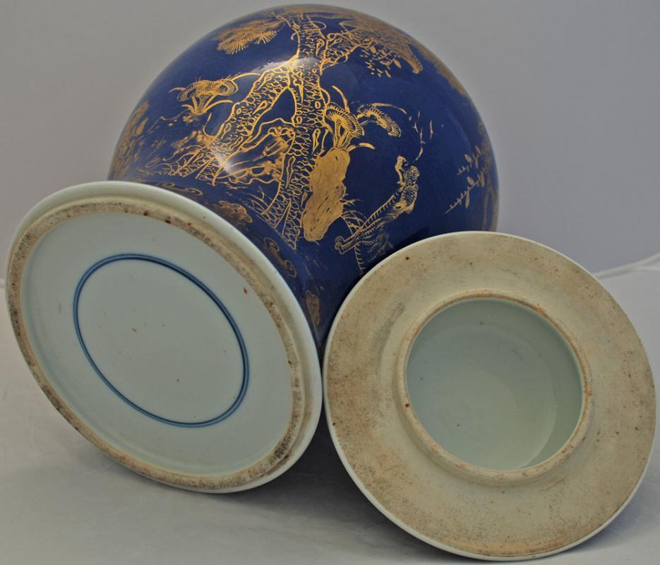 Antique Chinese Porcelain Jar (Antique Chinese Powder Blue Porcelain Jar Decorated with Gilt Hawk in a Pine Tree)