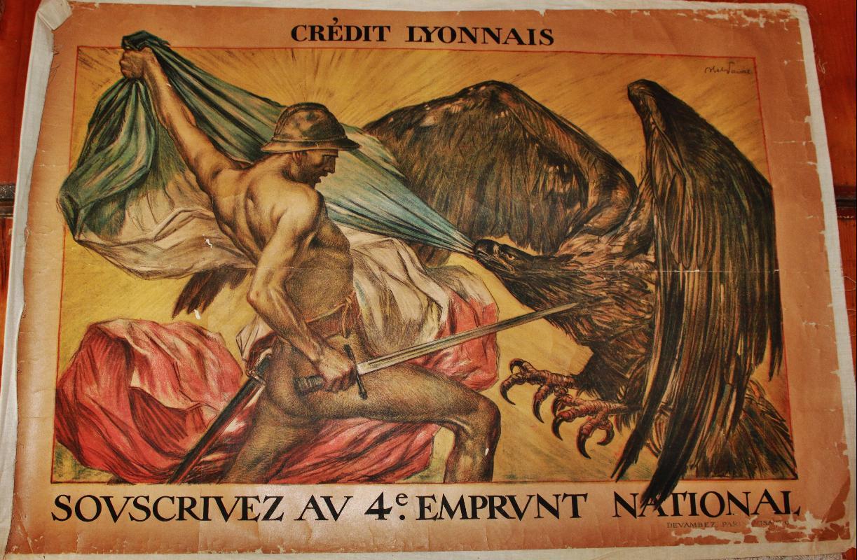 Emprint National Credit Lyonnais Fourth Bond WWI Poster 1917 man fighting an eagle