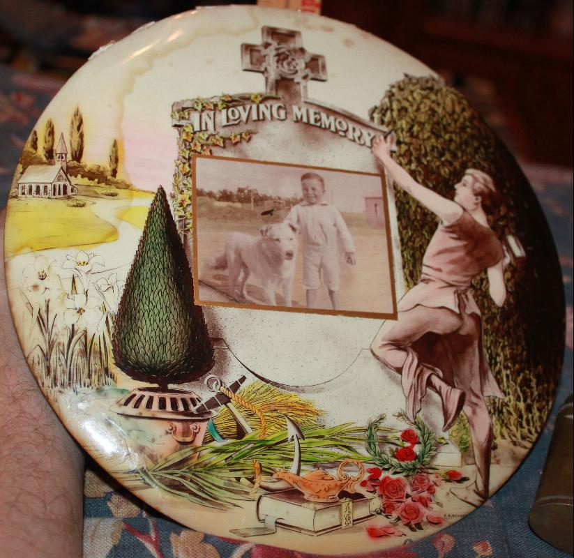 Mourning Circular Cellulose Placque for boy & his dog late 1800's RB Schiefner