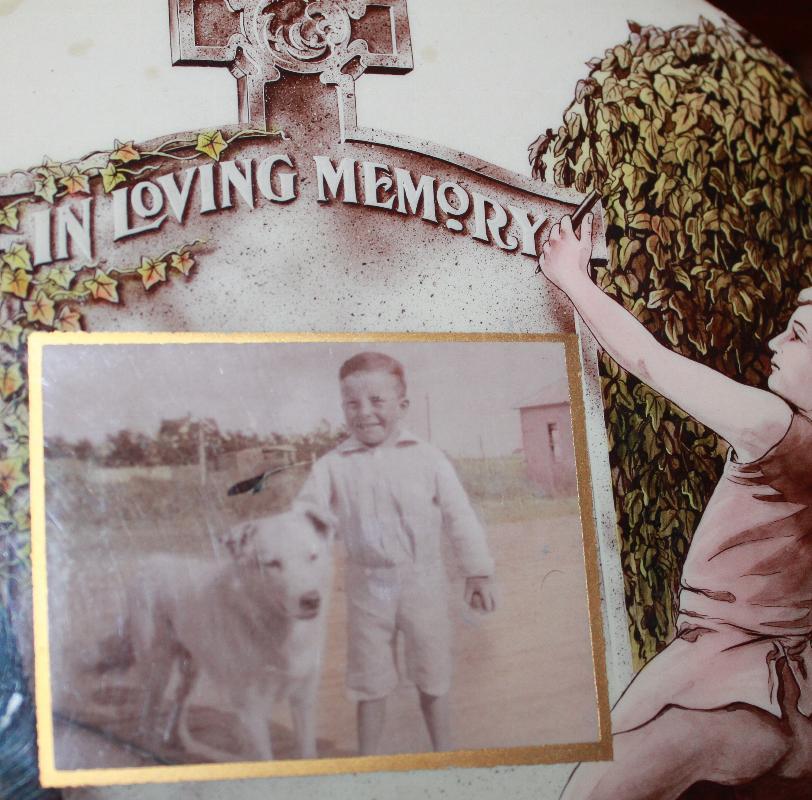 Mourning Circular Cellulose Placque for boy & his dog late 1800's RB Schiefner