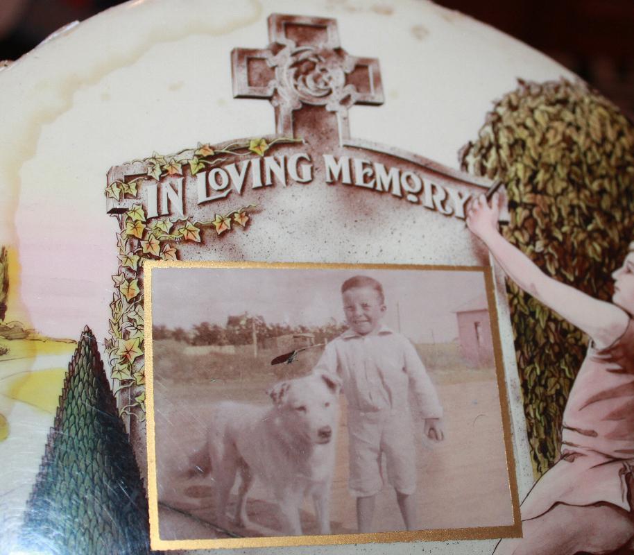 Mourning Circular Cellulose Placque for boy & his dog late 1800's RB Schiefner