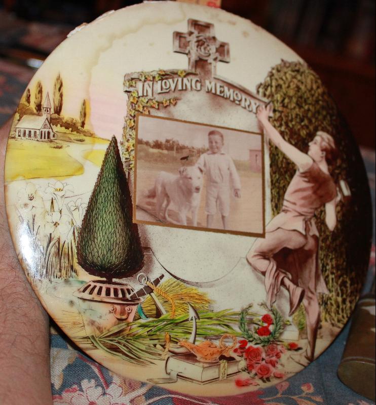 Mourning Circular Cellulose Placque for boy & his dog late 1800's RB Schiefner
