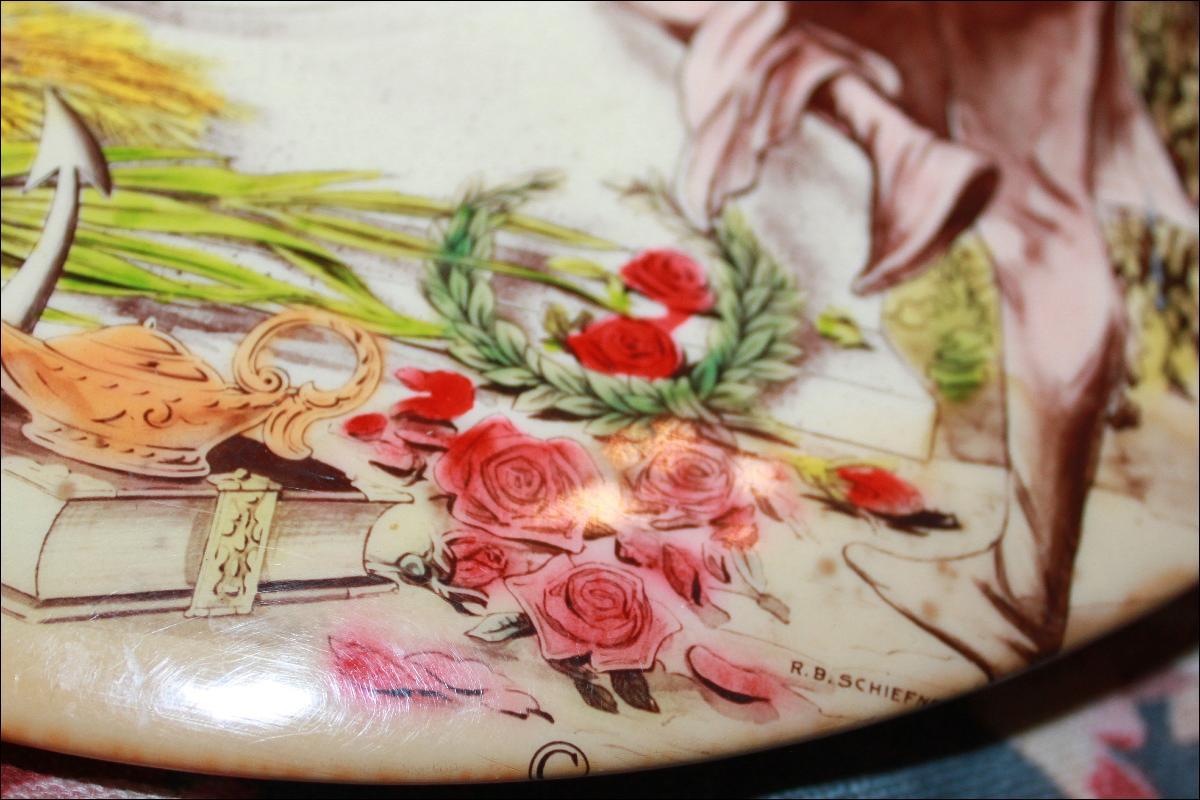 Mourning Circular Cellulose Placque for boy & his dog late 1800's RB Schiefner