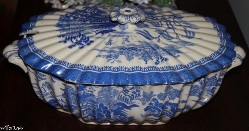 Copeland Willowware Blue White Soup Sauce Tureen 1800s Scalloped