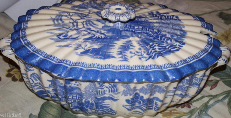 Copeland Willowware Blue White Soup Sauce Tureen 1800s Scalloped