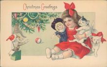 Vintage Christmas Greetings postcard, little girl with doll and cats