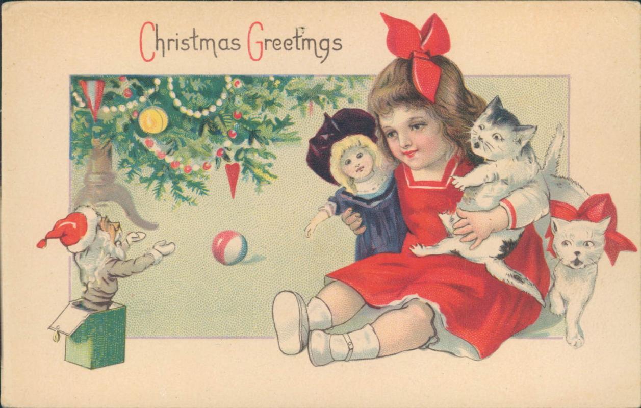 Vintage Christmas Greetings postcard, little girl with doll and cats