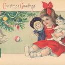 Vintage Christmas Greetings postcard, little girl with doll and cats