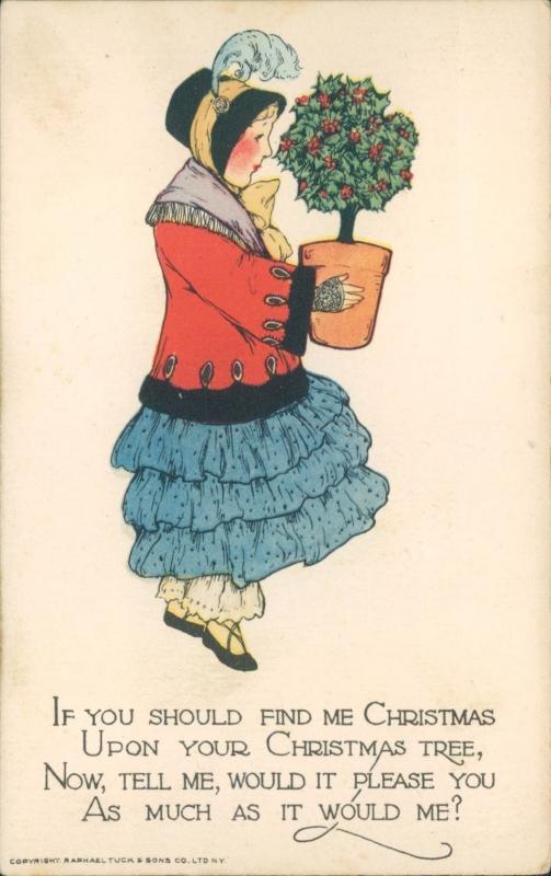 Tuck's Christmas postcard, woman holding potted plant