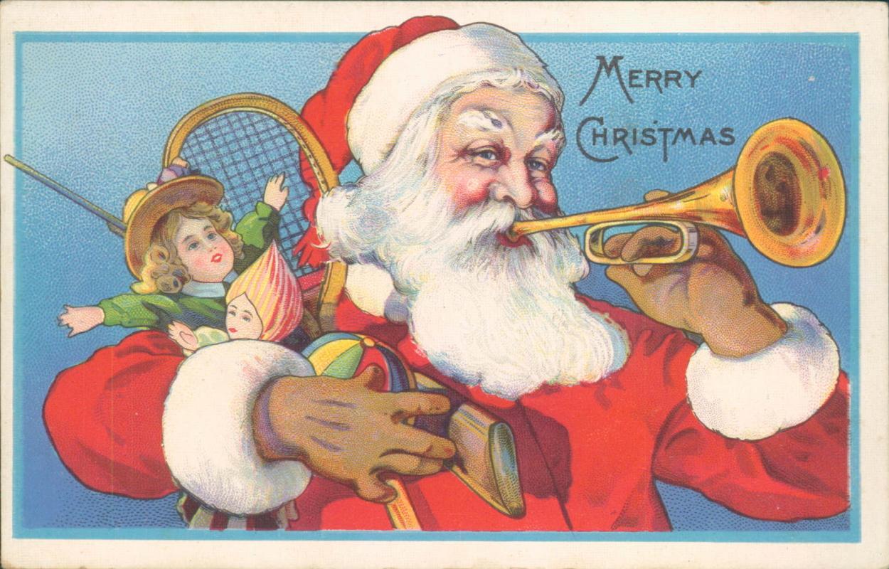 Vintage Christmas postcard, Santa with trumpet