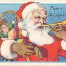 Vintage Christmas postcard, Santa with trumpet