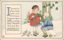 Vintage Christmas postcard, two children and holly wreath, Margaret E Price, Stecher Lithographic Co.