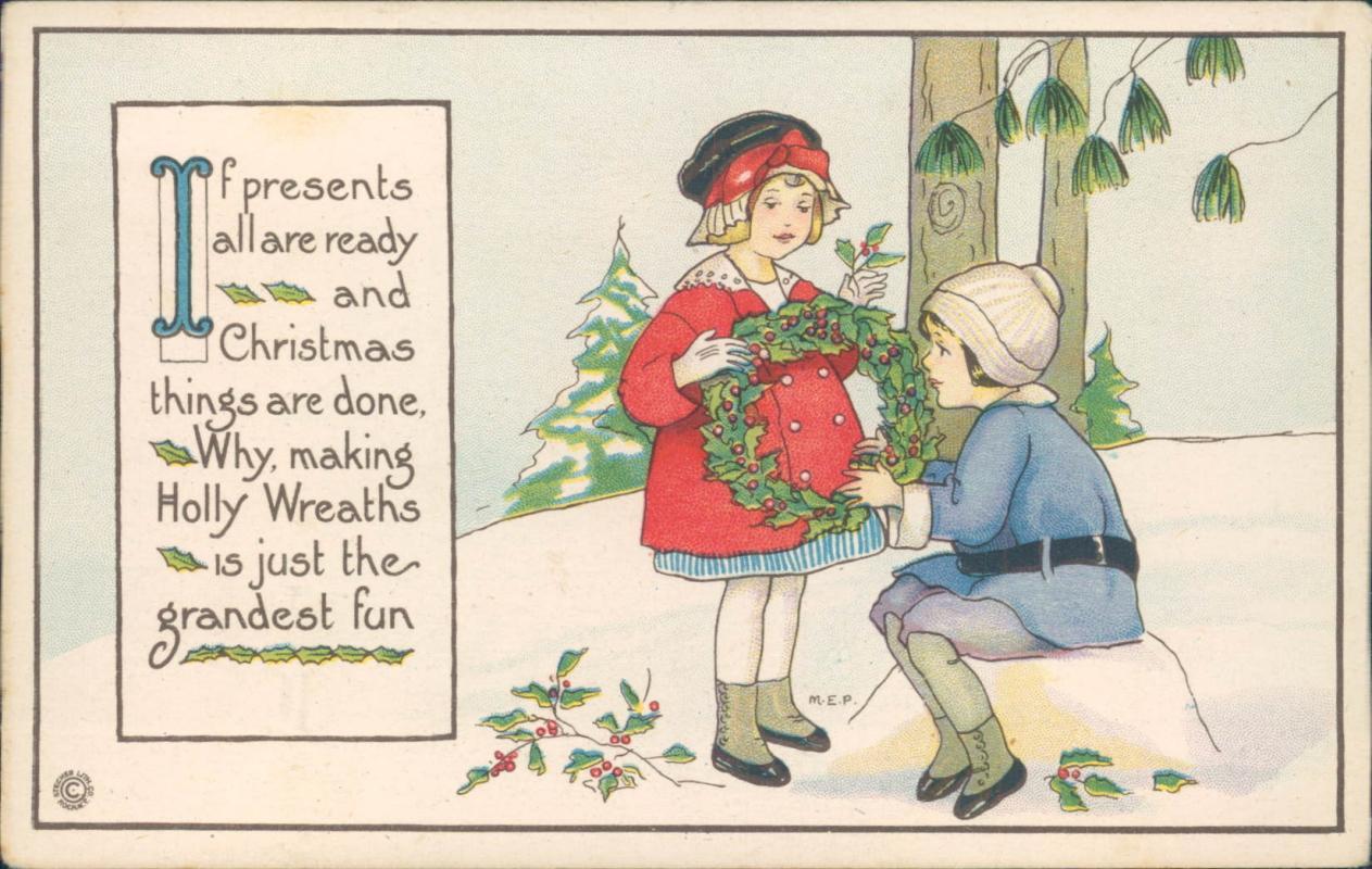 Vintage Christmas postcard, two children and holly wreath, Margaret E Price, Stecher Lithographic Co.