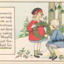 Vintage Christmas postcard, two children and holly wreath, Margaret E Price, Stecher Lithographic Co.