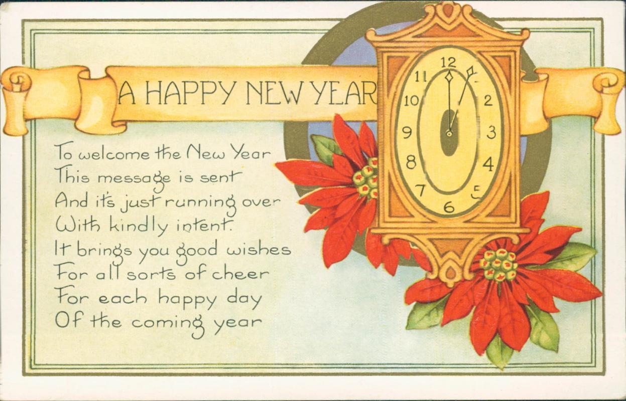 Vintage New Year postcard, clock and poinsettias, Whitney Made Worcester, Mass, unused