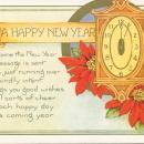 Vintage New Year postcard, clock and poinsettias, Whitney Made Worcester, Mass, unused