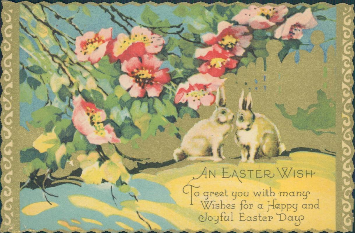 Vintage Easter postcard, two bunnies and flowers, postmarked 1932