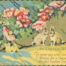 Vintage Easter postcard, two bunnies and flowers, postmarked 1932