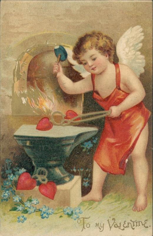 Vintage embossed Valentine postcard, cupid hammer hearts, International Art Pub. Co.