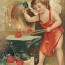 Vintage embossed Valentine postcard, cupid hammer hearts, International Art Pub. Co.
