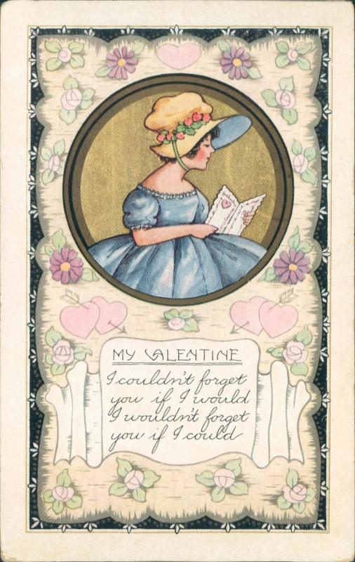 Vintage Valentine postcard, female with card, Whitney Made Worcester Mass