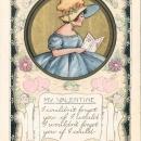 Vintage Valentine postcard, female with card, Whitney Made Worcester Mass
