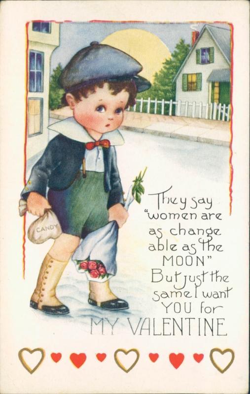 Vintage embossed Valentines postcard, little boy with candy and flowers, Whitney Made Worcester Mass