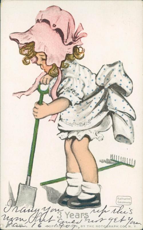 Gassaway vintage postcard, little girl pink hat 1906 Rotograph Co (3 years)