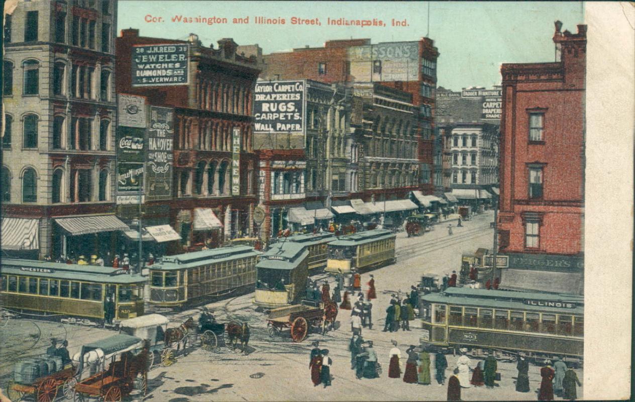 Vintage postcard, Indianapolis, Washington and Illinois stree, postmarked 1907