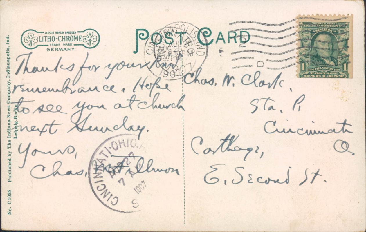 Vintage postcard, Indianapolis, Washington and Illinois stree, postmarked 1907