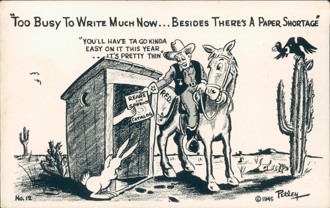 Vintage 1945 Petley cartoon postcard, no. 12, paper shortage