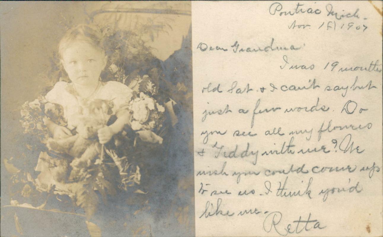 Vintage real personal photo postcard, 1907, baby