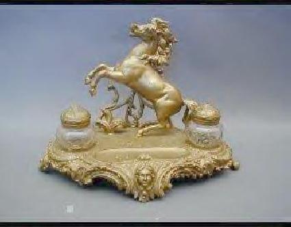 VICTORIAN PRESSED GLASS AND ORMOLU FIGURAL INKWELL
